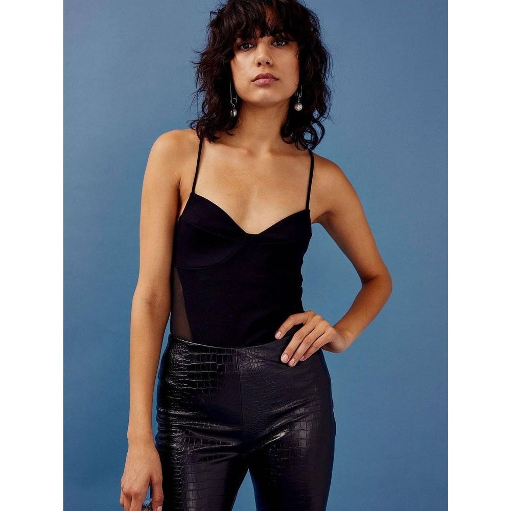 Topshop Bodysuit Corset Mesh Side Inserts Sleeveless Black Size 6